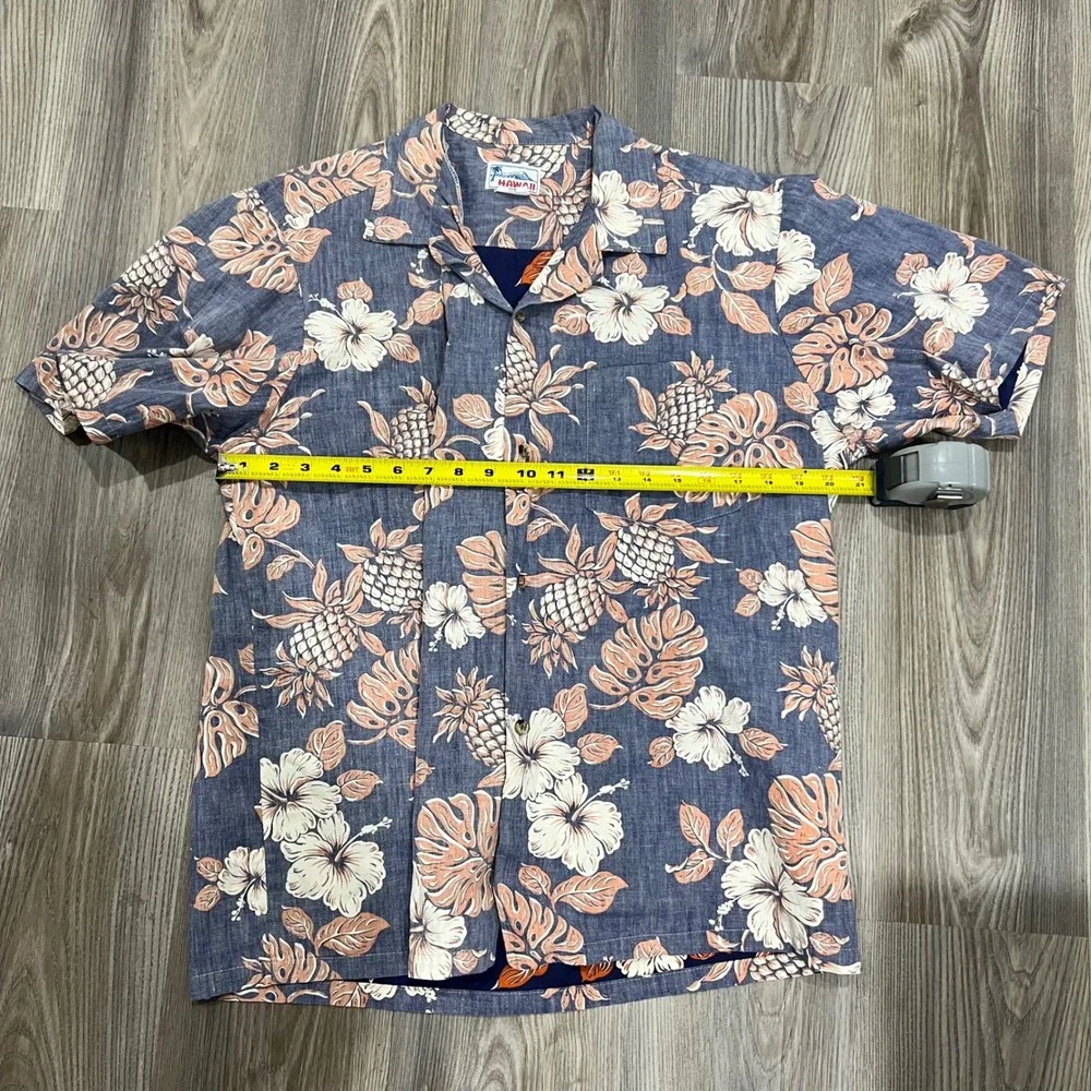 Hawaii Hang Ten Mens Blue Tropical Pineapple Hibiscus Button Down Shirt Medium